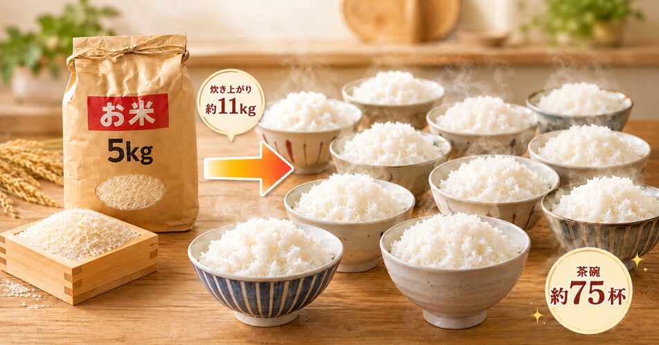 米5キロを炊くとご飯はどのくらい？