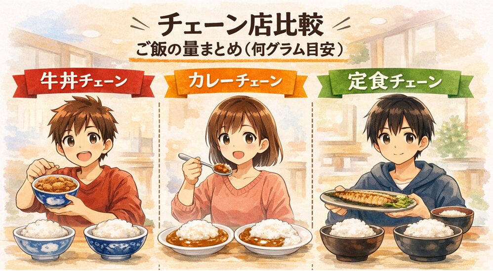 【チェーン店比較】ご飯の量まとめ（何グラム目安）｜牛丼・カレー・定食