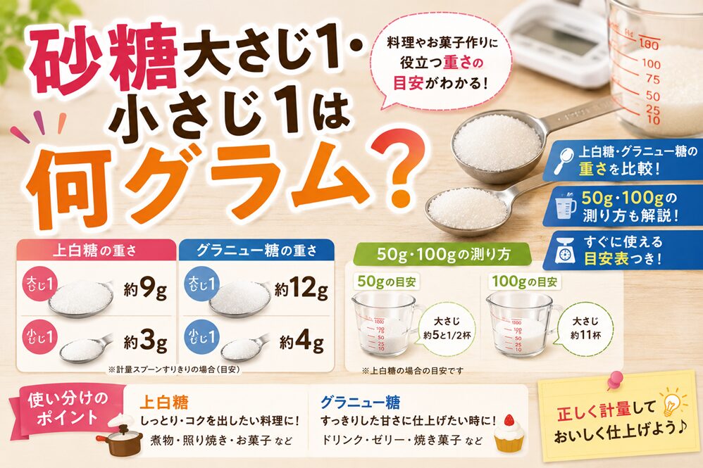 砂糖大さじ1・小さじ1は何グラム？上白糖・グラニュー糖の重さと50g・100gの測り方