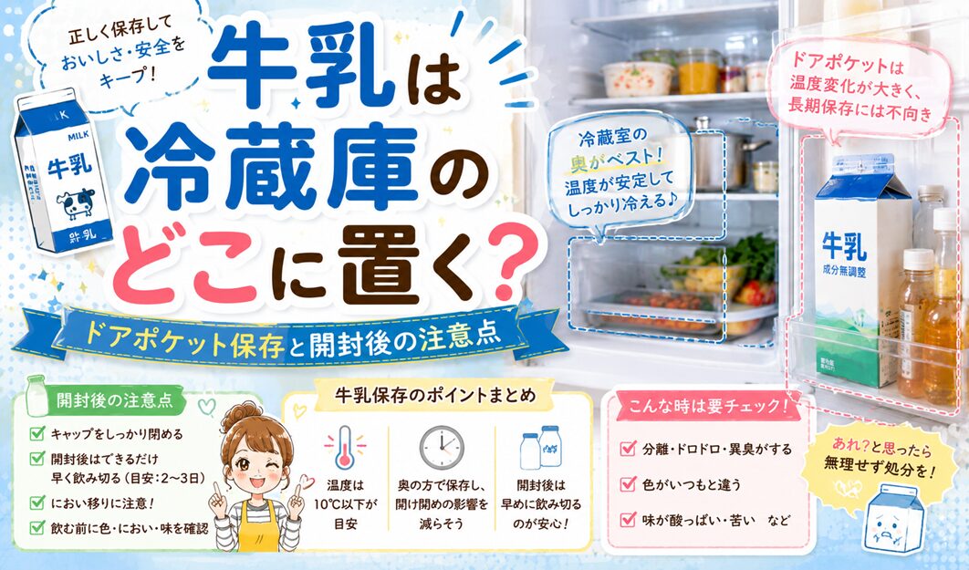 牛乳は冷蔵庫のどこに置く？ドアポケット保存と開封後の注意点