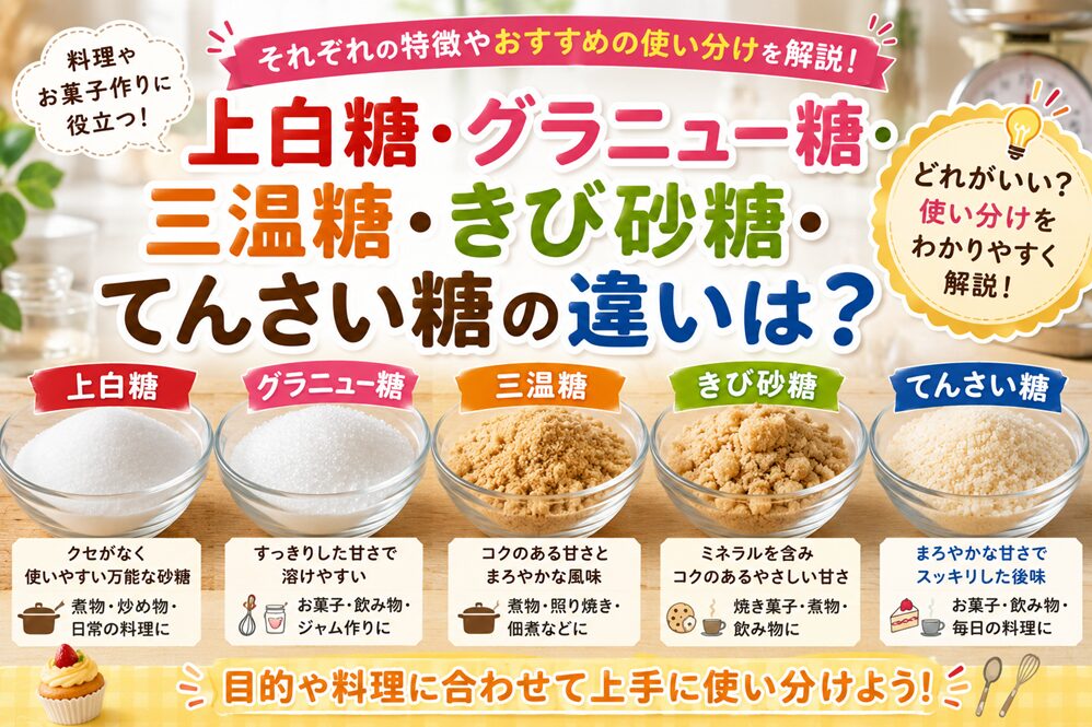 上白糖・グラニュー糖・三温糖・きび砂糖・てんさい糖の違いは？どれがいいか使い分けを解説