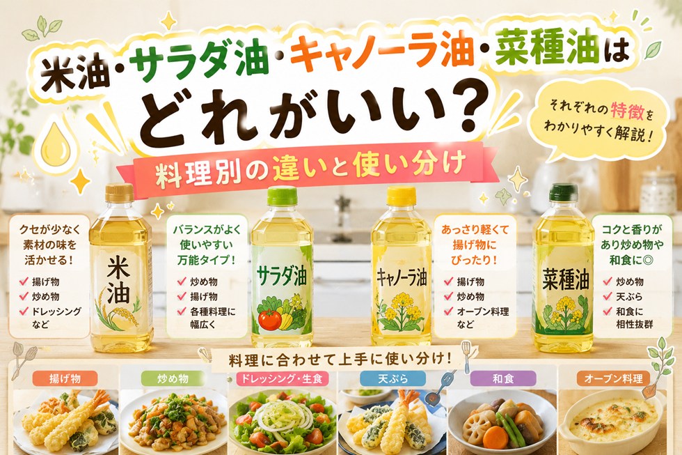 米油・サラダ油・キャノーラ油・菜種油はどれがいい？料理別の違いと使い分け