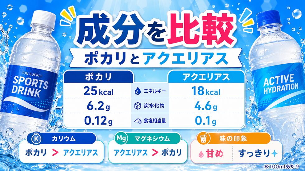 ポカリとアクエリアスの成分の違いを比較