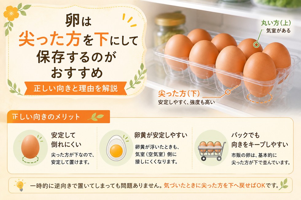 卵は尖った方を下にして保存するのがおすすめ