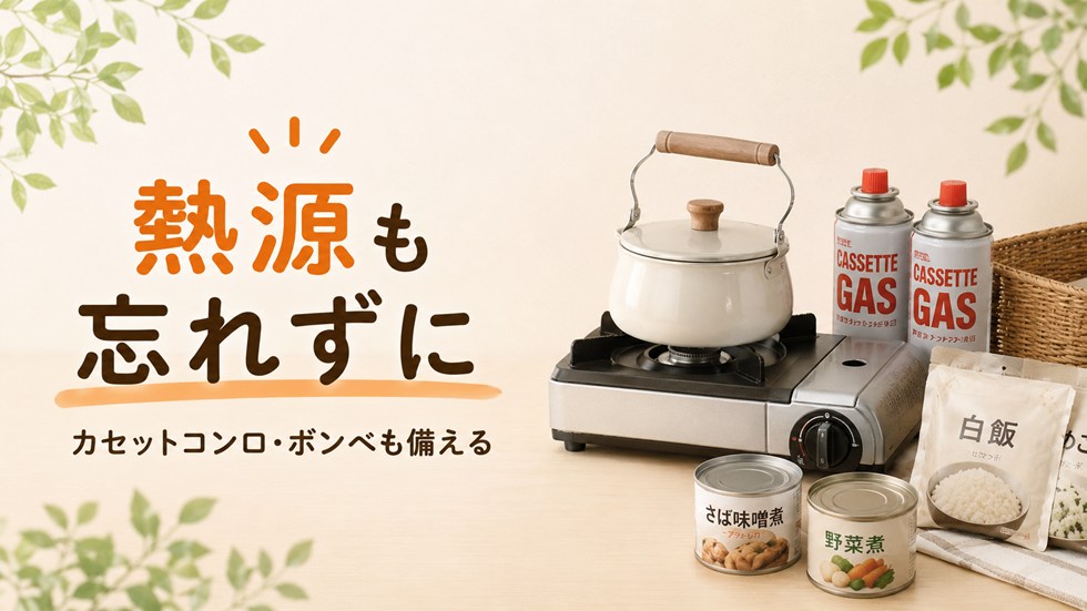 カセットコンロとボンベも一緒に備える