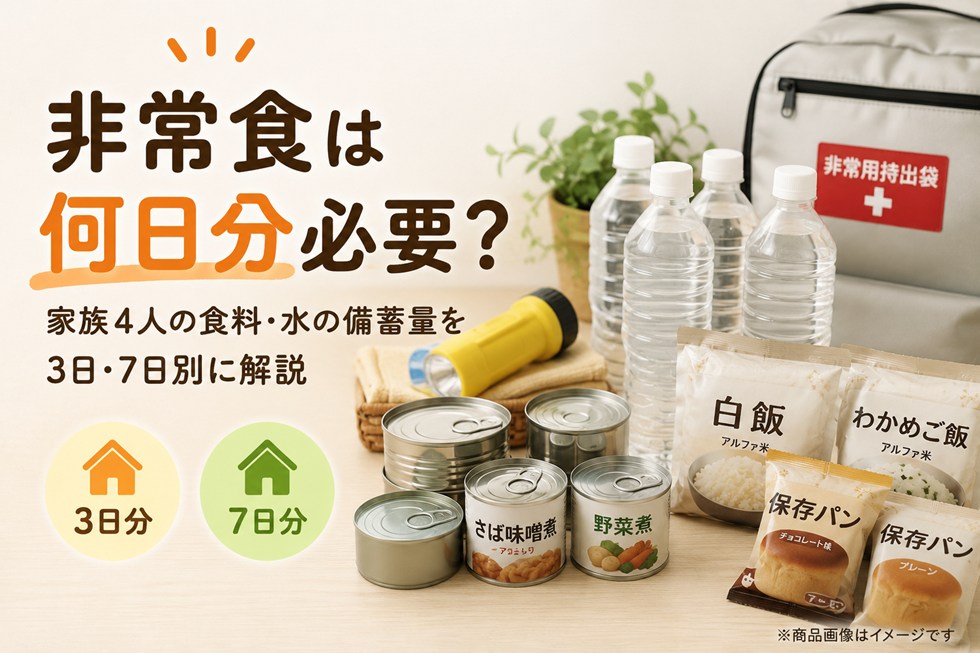 非常食は何日分必要？家族4人の食料・水の備蓄量を3日・7日別に解説