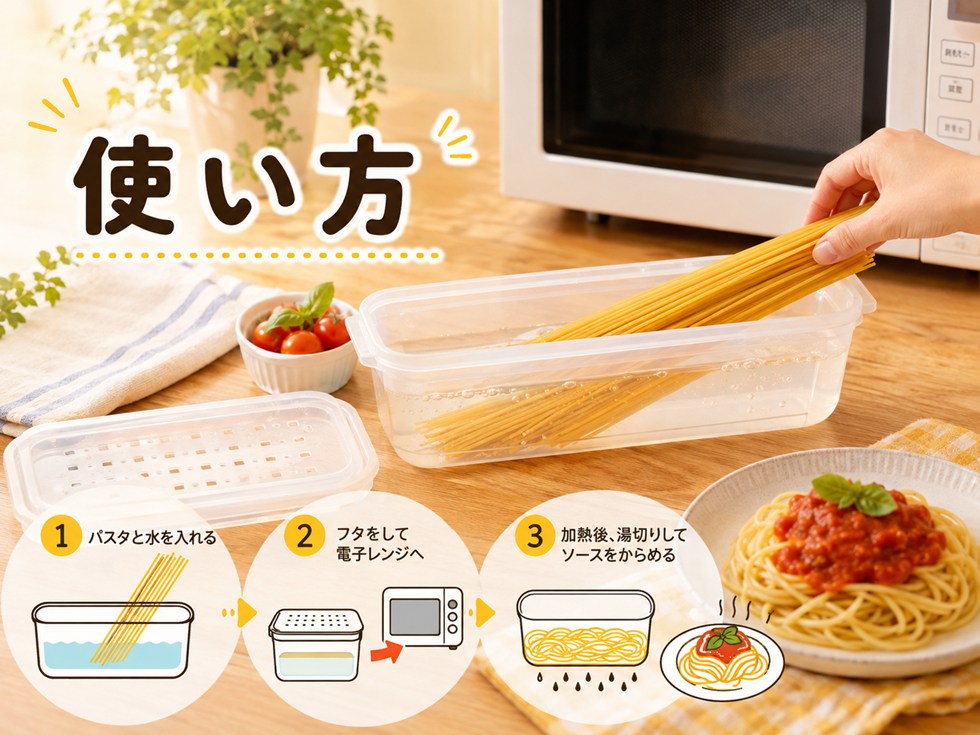 ダイソーの電子レンジパスタメーカーの使い方|水・塩・フタを確認